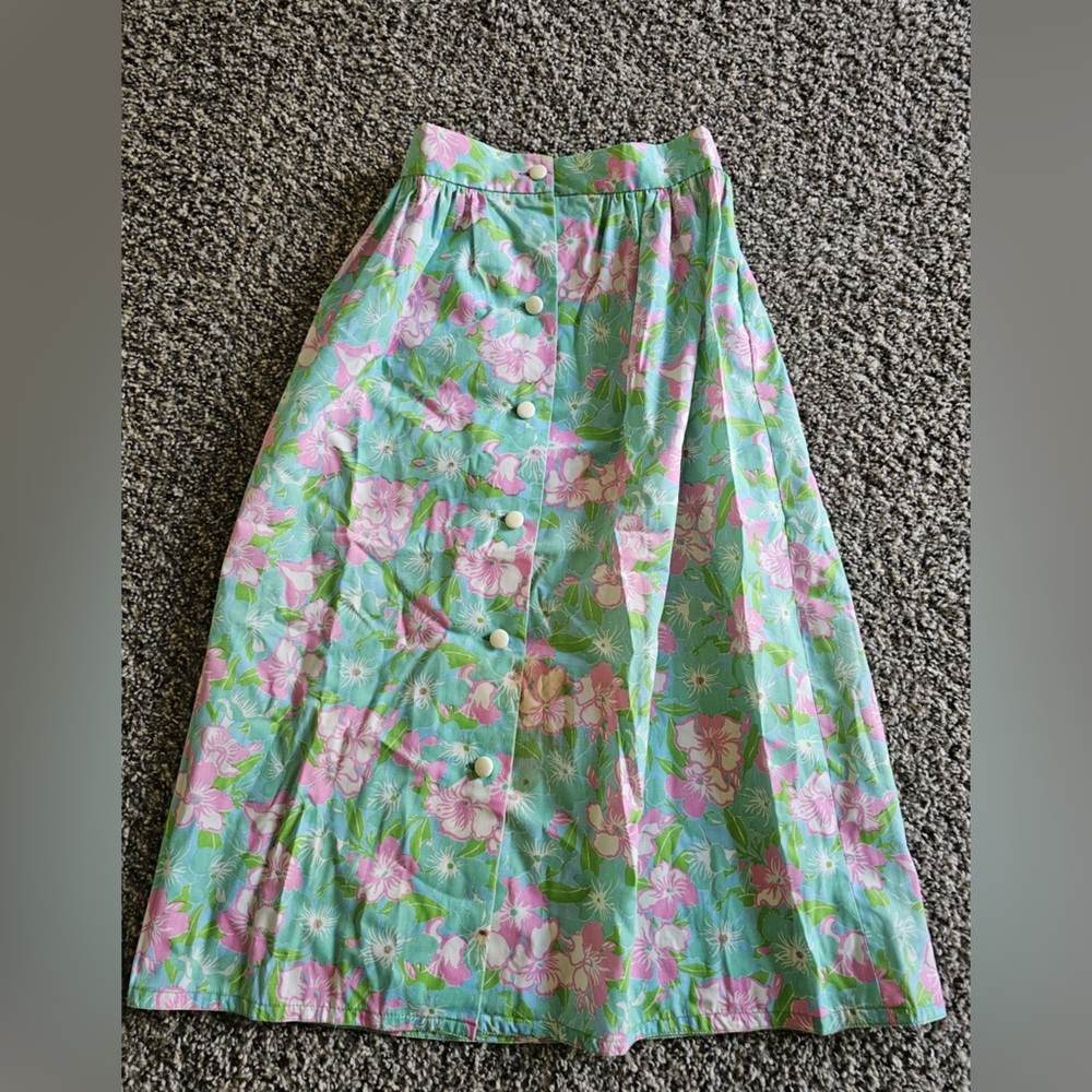 Vintage Ollie by Zuzek key west hand printed Floral Button-Front Midi Skirt XS